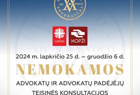 Dvi savaites Lietuvos advokatai dovanos nemokamas konsultacijas besikreipiantiems į Caritas ir KOPŽI